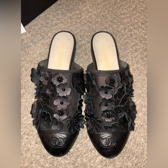 CHANEL Flower Sheer Black Leather flats/slippers/mules CC Logo - Picture 12 of 12